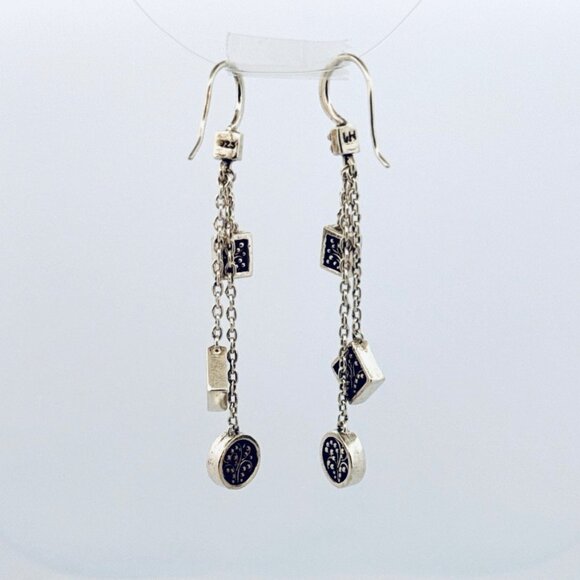 Vintage Sterling Silver Dangle Earrings Black Enamel Geometric Charm Drop 7.2g - Picture 3 of 9